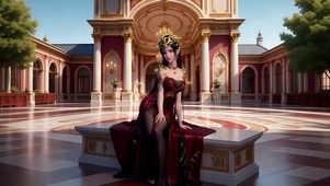 宫殿前坐在石座上的美杜莎女王