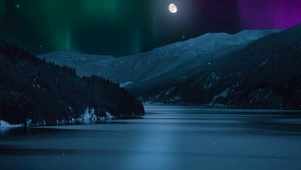 静谧月夜极光雪山湖