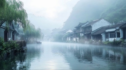 宁静湖泊清新水乡小镇