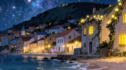 夜景海景房屋双屏