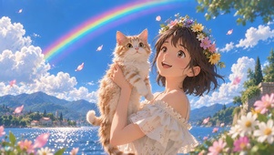 海边女孩和小猫