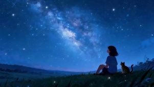 满天星辰女孩与猫共赏