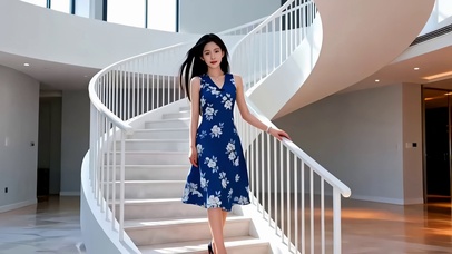 复式别墅豪宅楼梯处的蓝衣美女