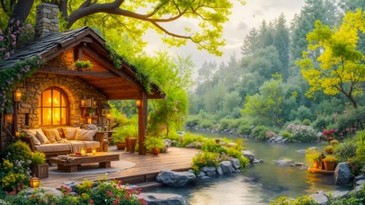 幽静山间溪边木屋