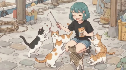 逗猫的少女