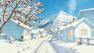 雪景树木房屋双屏