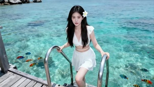 蔚蓝美丽清澈浅海区上栈道美女