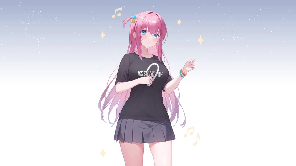 粉紫长发二次元少女，身处点缀金色星星与音符的浅白渐变星空背景中