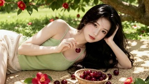 樱桃树下清甜美女