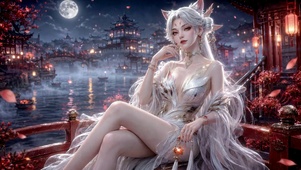 月夜古风狐耳白发美人