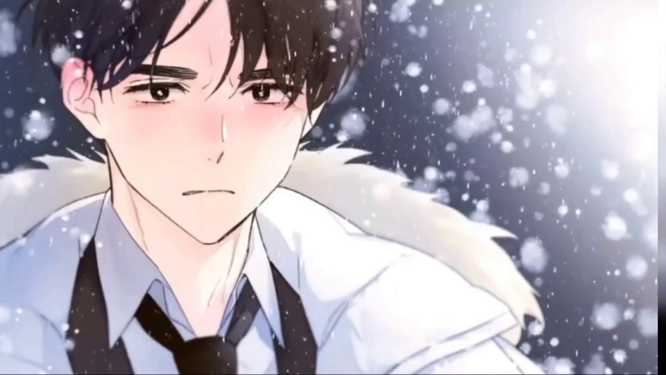 飘雪冬夜中，穿带毛领厚外套的黑发动漫男生近景画面