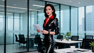 穿黑色皮衣的美女总裁