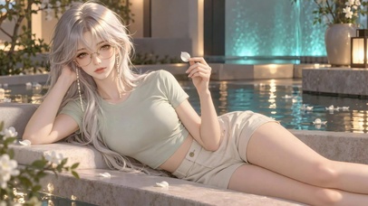 银发少女池边休憩