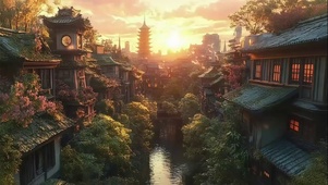 黄昏落日溪流古镇建筑