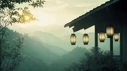 竹林云雾黄昏古亭光影