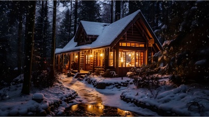 冬夜小屋灯光