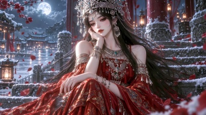 雪夜古风苗银红衣美女