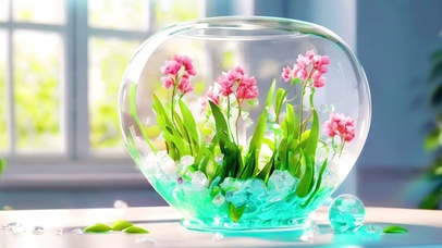 玻璃缸中的冰块与花朵