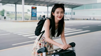 机场推行礼箱去旅行的长发美女