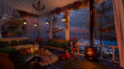 夜晚湖边落叶小屋