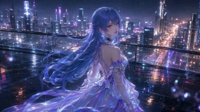 雨夜都市蓝发二次元美少女
