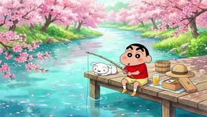 樱花溪畔钓鱼的小新与小白