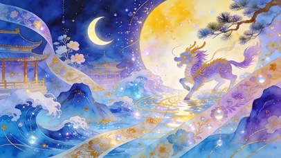 双月垂星河紫龙踏鎏金沧波