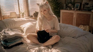 慵懒卧室猫耳白发美少女