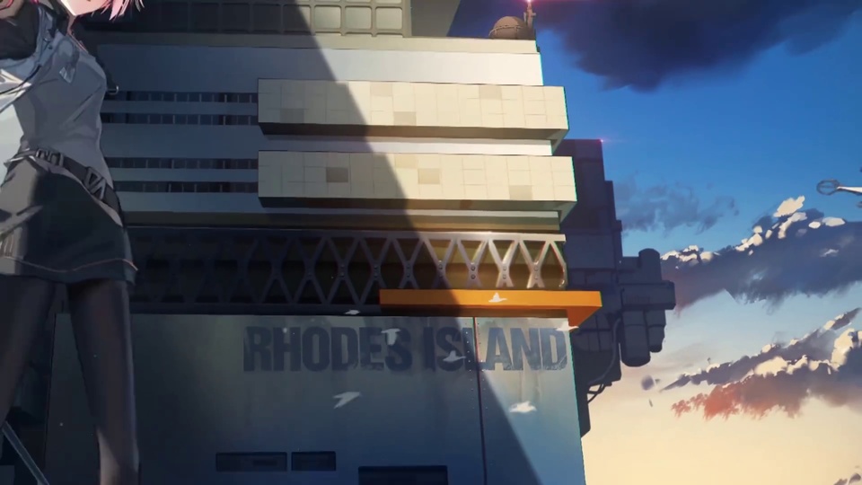 动漫插画左侧为粉发人物，旁侧是工业风RHODES ISLAND建筑，右侧是蓝天暖云