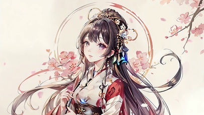 古典水墨风格花中少女