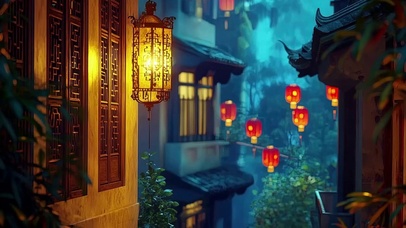 蓝调傍晚静谧古城建筑