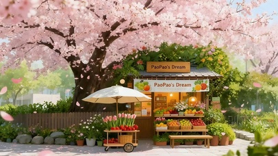 樱花树下的水果摊