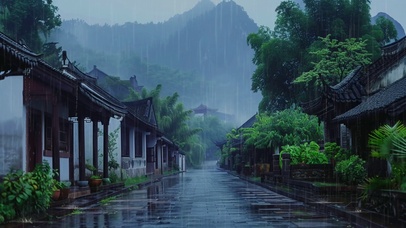 唯美雨中古镇