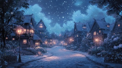 静谧夜空童话小镇街道