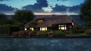 雨天河流前的小屋