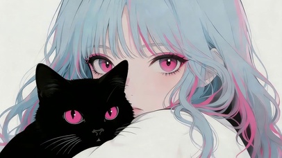 可爱女孩和黑猫