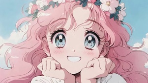 托腮的粉发动漫插画女孩