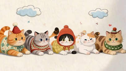 排排坐的暖冬喵队