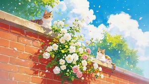 墙头鲜花猫咪