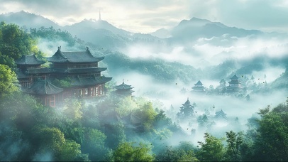 绿色山林朦胧古城建筑