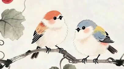 葡萄树 上两只小鸟带鱼屏