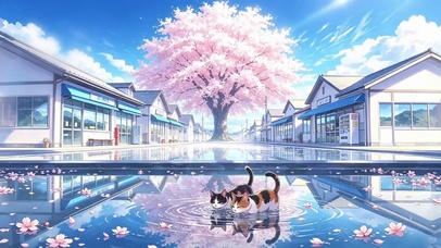清新雨后水洼小猫