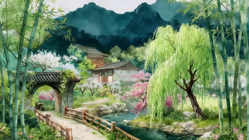 国风水彩风格江南古典园林，青竹环绕石板步道与木围栏，石拱圆门后是错落中式民居，背景为层叠青绿远山与茂密林木。
