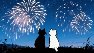 烟花下的双猫