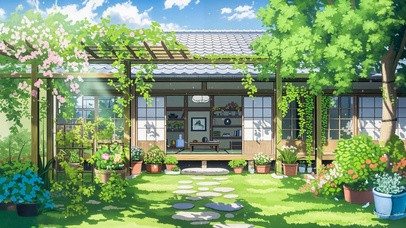 治愈插画木屋庭院