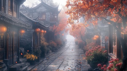 秋日古城朦胧清晨