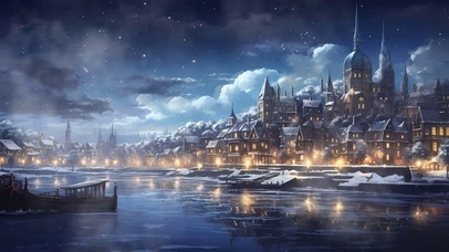 夜景城堡雪景