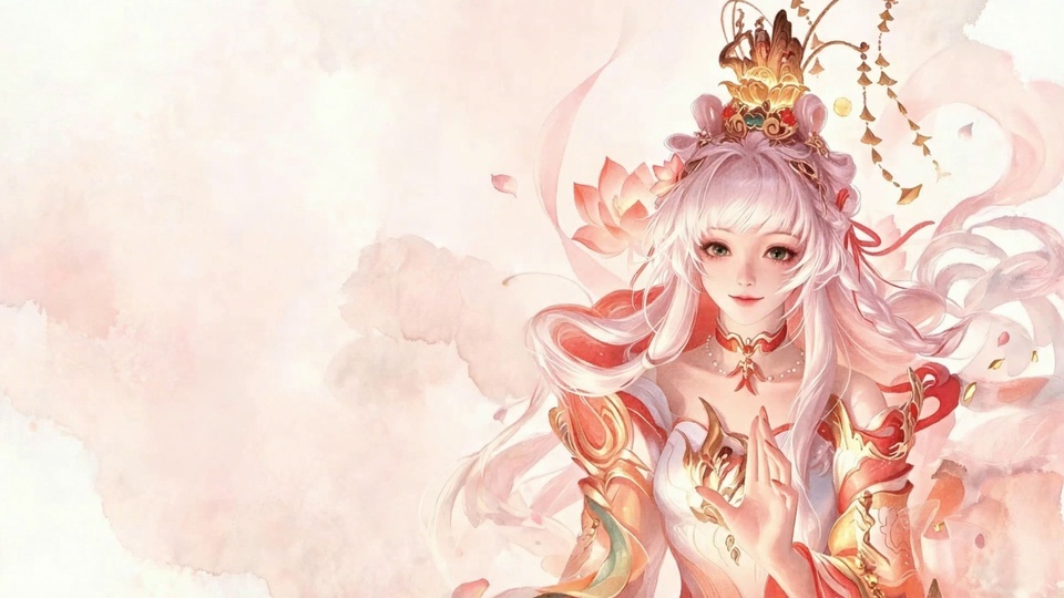 粉发白肤古风女子立于淡粉水彩背景中，头戴鎏金冠冕衣饰带金纹，抬手作祈福状。
