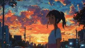 城市唯美落日动漫女孩