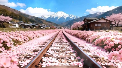 雪山樱花树木房屋